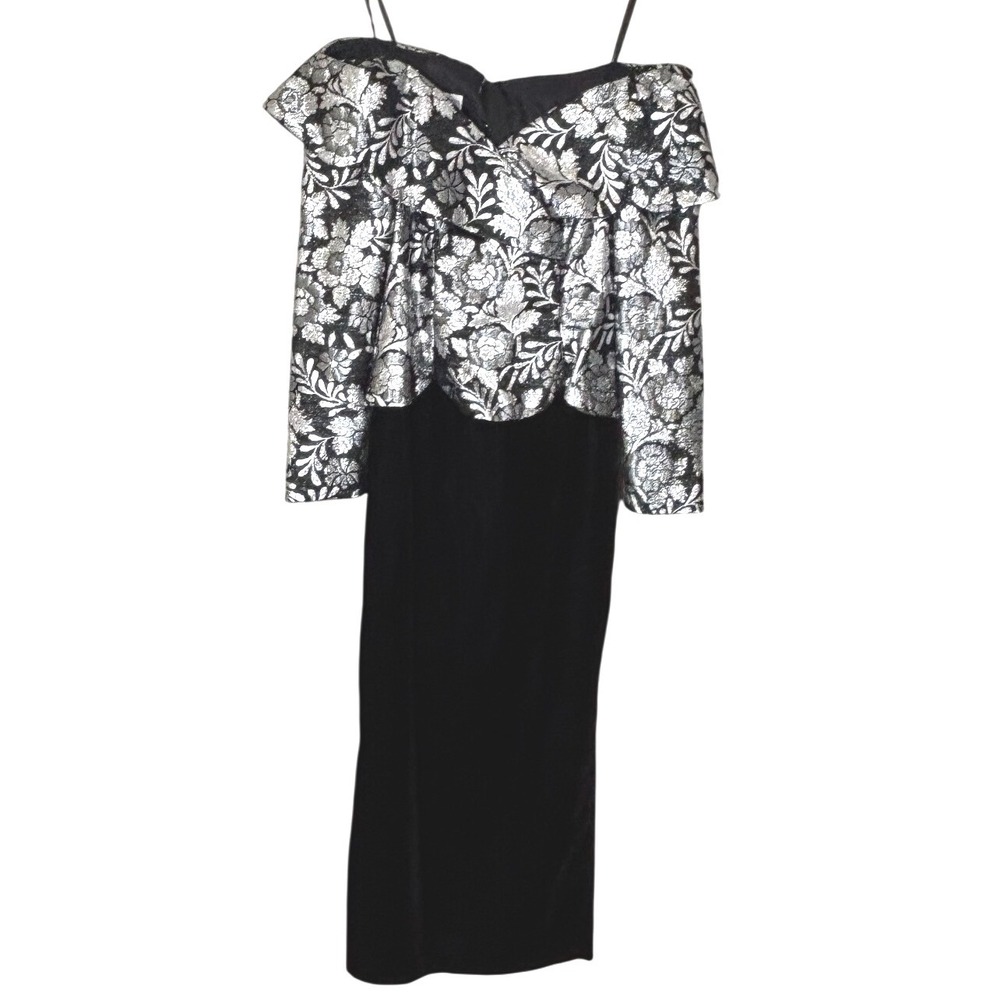 Vintage Scott McClintock Silver Brocade Black Velvet Gown Dress 4 Made in USA
